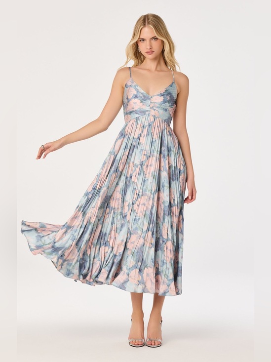 Astr Dresses & Skirts - ASTR The Label Maeve Floral Pleated Satin Midi Dress in Blue Multi Abstract S